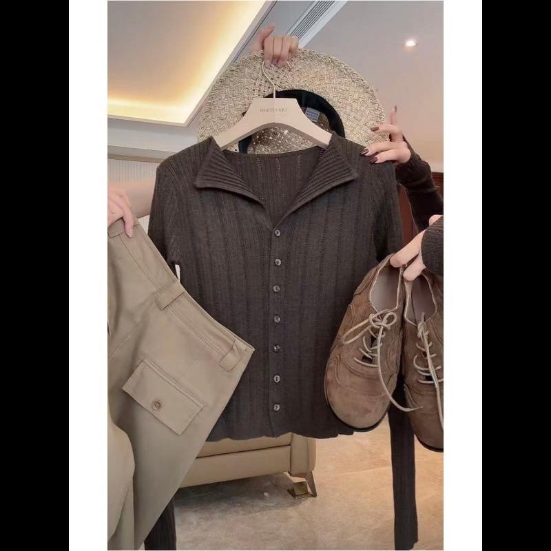 高级感竖条纹长袖修身显瘦设计感针织衫女士秋季新款百搭开衫上衣|undefined