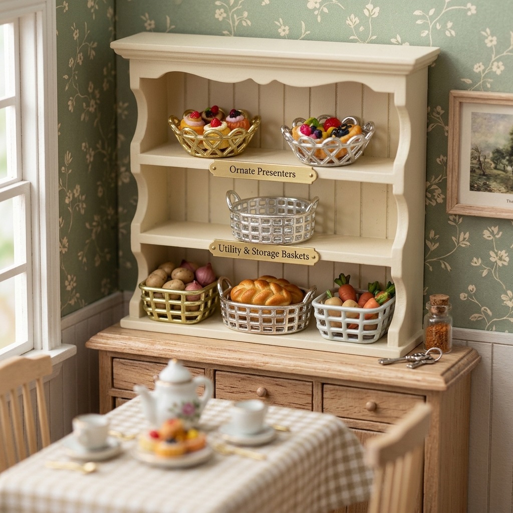 Casa de muñecas en miniatura canasta de almacenamiento simulación mini cocina decoración de malla metálica canasta decoración de juguetes caseros