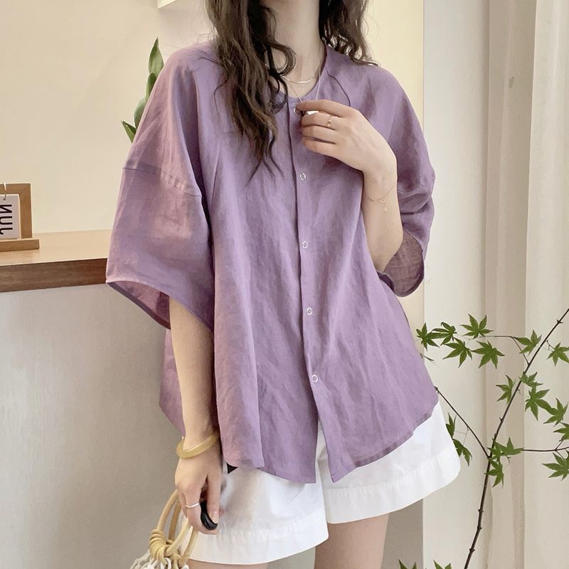 时尚休闲多巴胺短袖衬衫女夏色大码胖mm宽松显瘦圆领宽松上衣|undefined