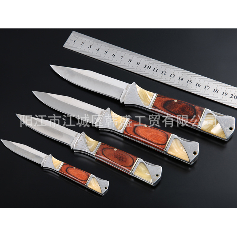 不锈钢激光纹户外探险防身便携式折叠小刀外镶嵌仿彩贝树脂彩木柄