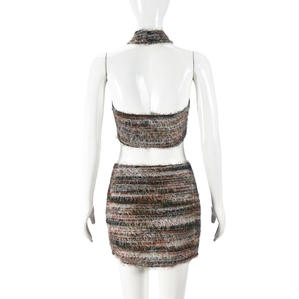 Buckle Neck Cropped Sexy Vest Short Skirt Casual Set Women