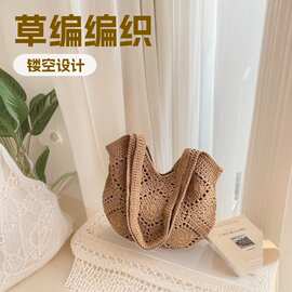 定 制2025春季新款欧美复古草编镂空单肩包女百搭大容量编织包沙