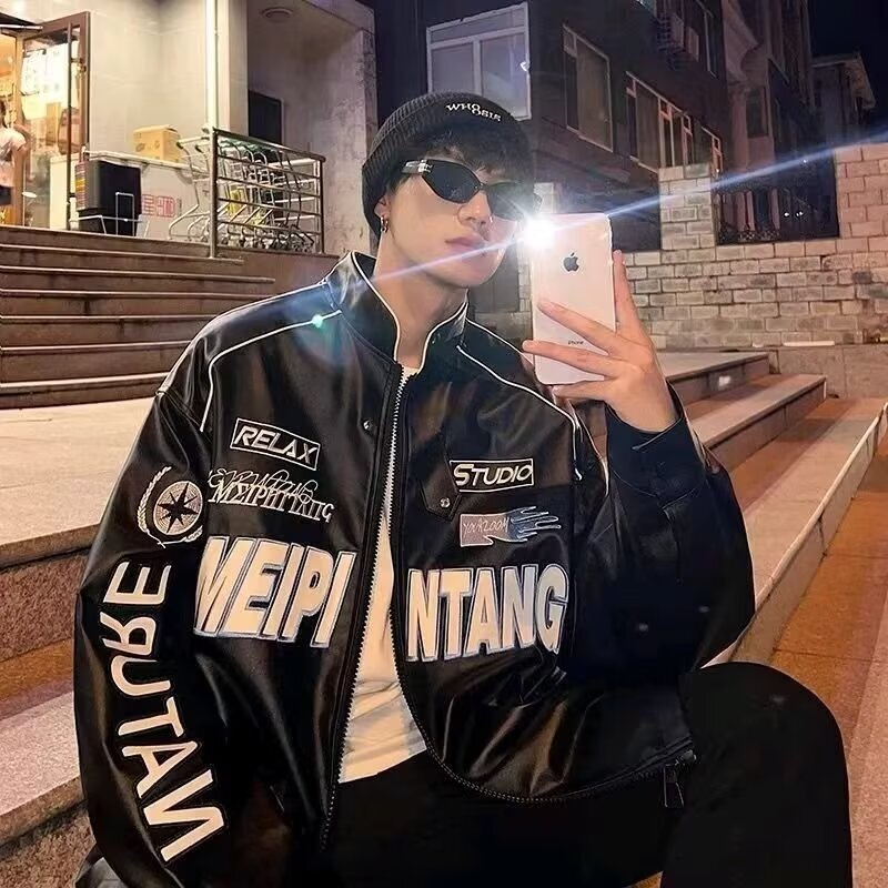 Oversize 300 Jin Baseball Suit pu Leather Coat Men's and Women's Spring and Autumn American Retro Biker Aviator Jacket Oversize 300 Jin Baseball Suit pu Leather Coat Men's and Women's Spring and Autumn American Retro Biker Aviator Jacket