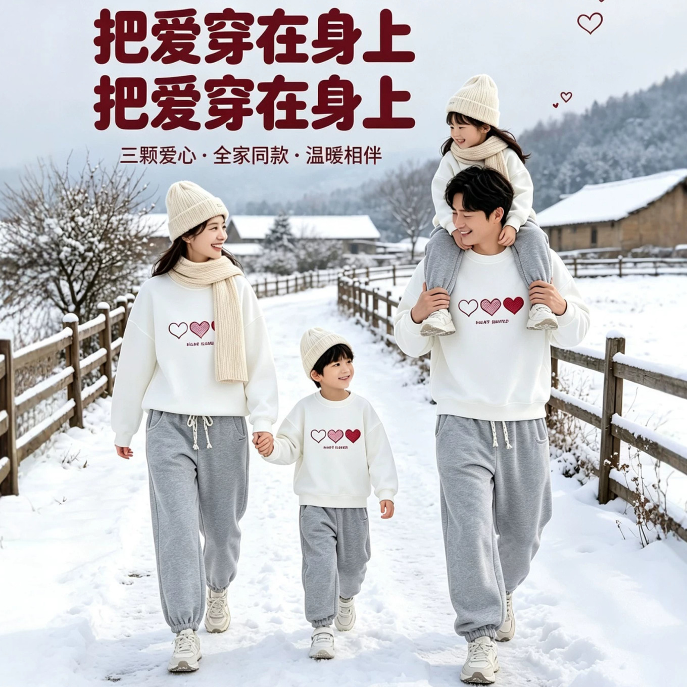洋气高端白色爱心亲子卫衣秋冬一家三口全家装圆领宽松婴儿连体衣