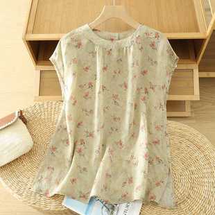 Summer Ethnic Style Elegant Round Neck Printed Light and Slightly See-Through Linen Sleeveless Shirt for Women
