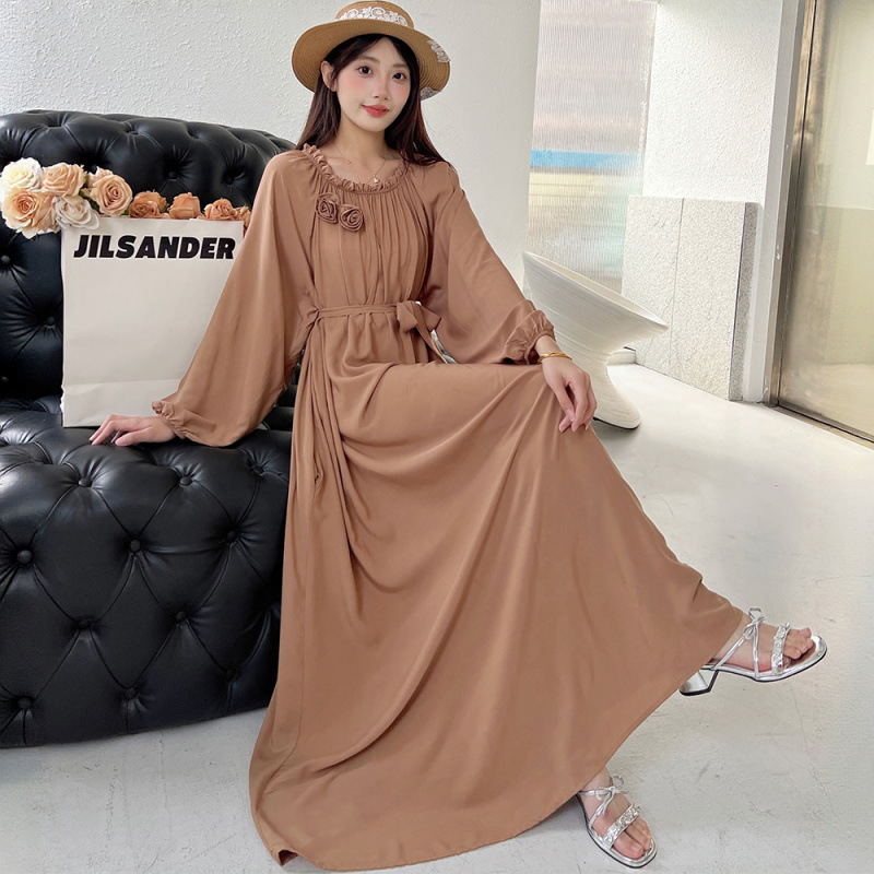 Plus-Size Solid Color Long-Sleeve Dress 100kg for Chubby Girls, Off-Shoulder Loose Maternity Dress Plus-Size Solid Color Long-Sleeve Dress 100kg for Chubby Girls, Off-Shoulder Loose Maternity Dress