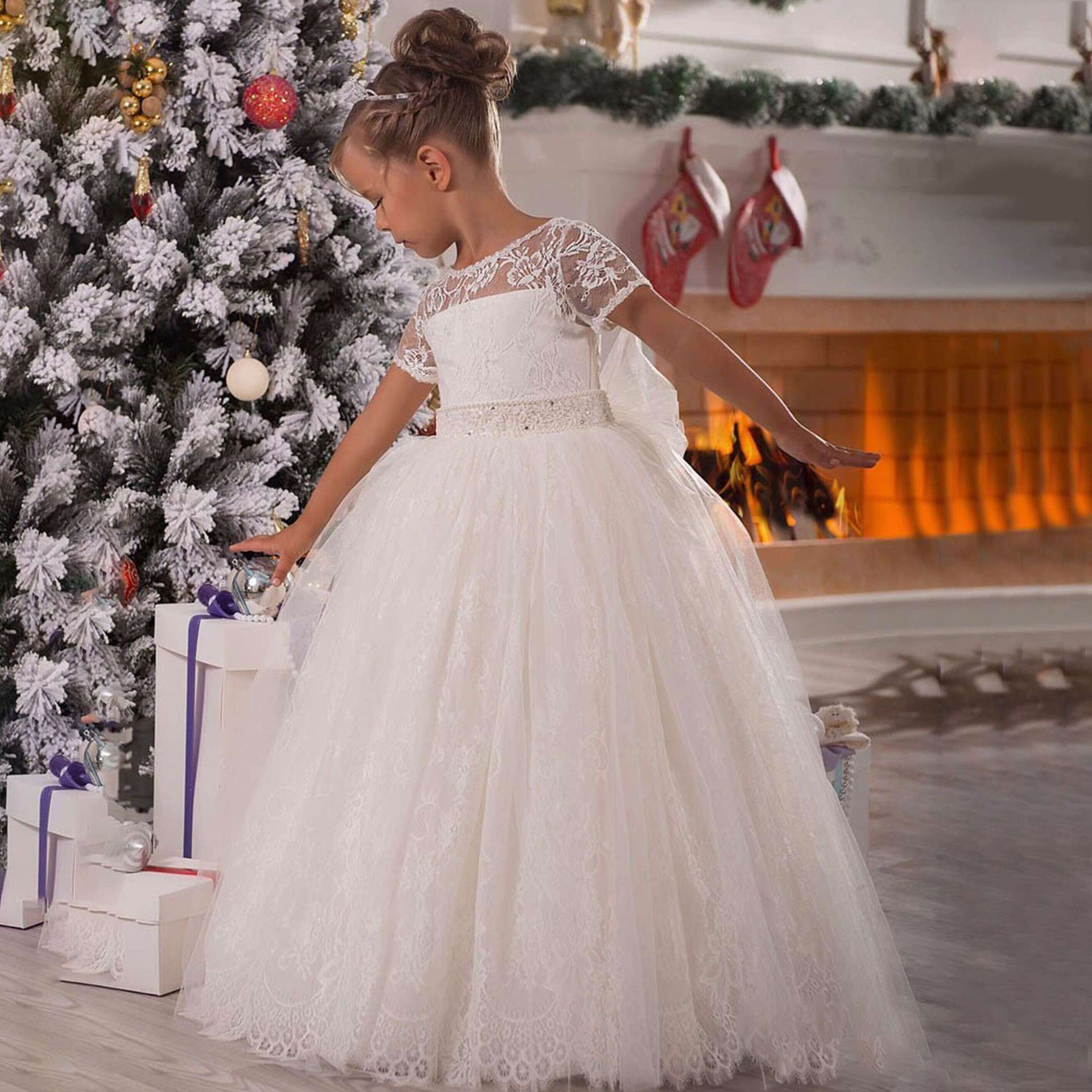 Europa y América del comercio exterior transfronterizo vestido de boda de los niños de encaje de manga corta sin respaldo de la niña princesa vestido largo