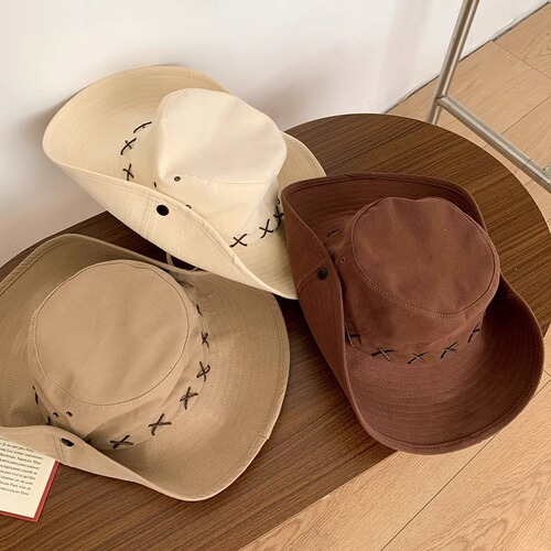 Western cowboy hat women's summer large brim camping hiking hat anti-UV fisherman hat large head circumference sun protection hat