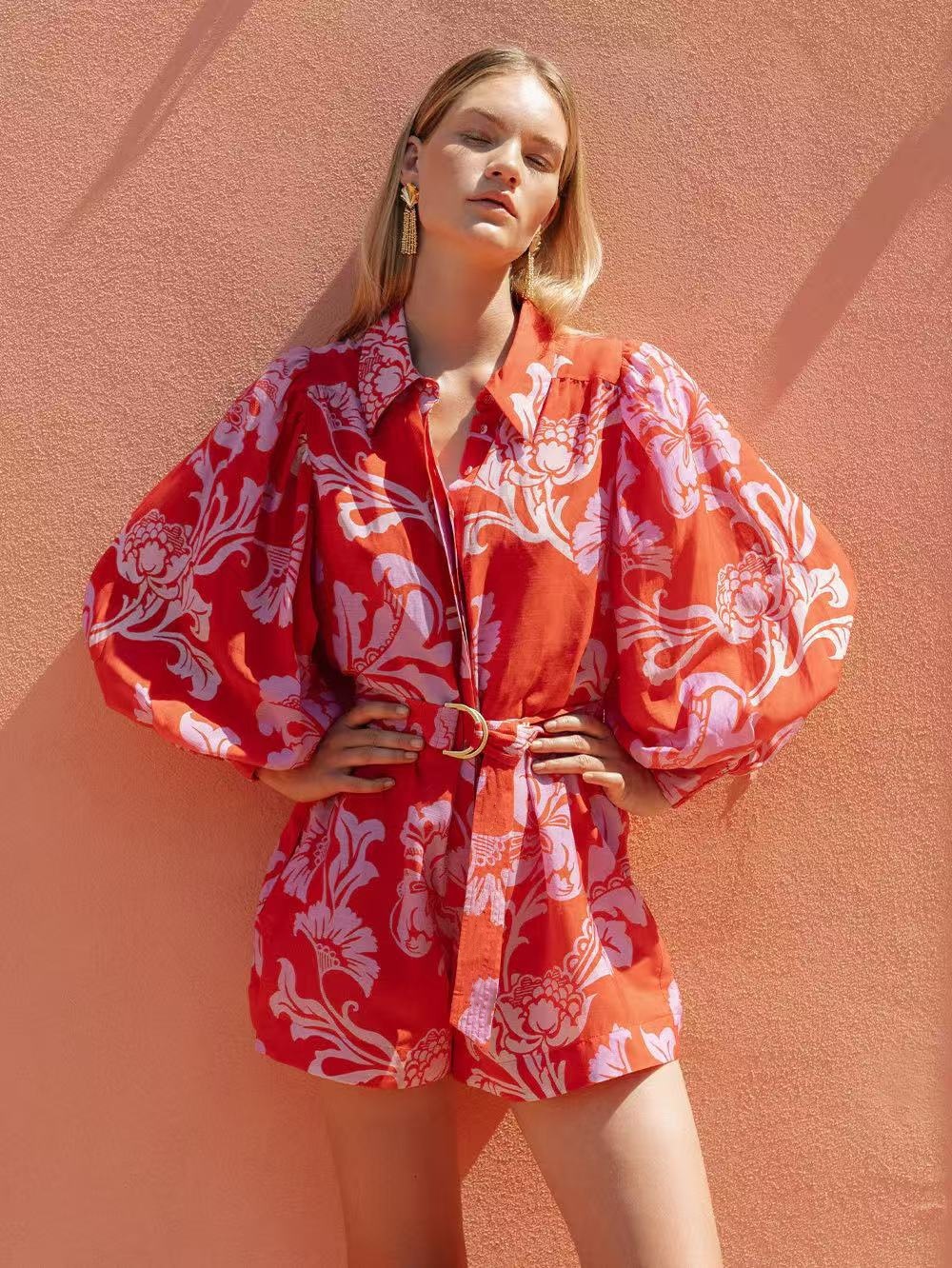 Red Boho Print Long Sleeve Romper