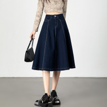 厂家直销针织软牛仔半身裙女春秋款a字大摆裙高腰仿牛仔中长伞裙