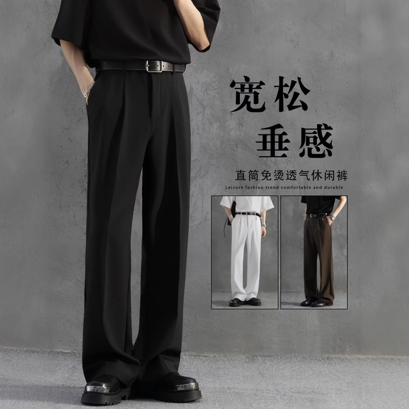 Black Drapey Slim-Fit Men's Trousers, Wrinkle-Free Wide-Leg Loose Straight-Cut Slightly Flared Dress Pants Black Drapey Slim-Fit Men's Trousers, Wrinkle-Free Wide-Leg Loose Straight-Cut Slightly Flared Dress Pants