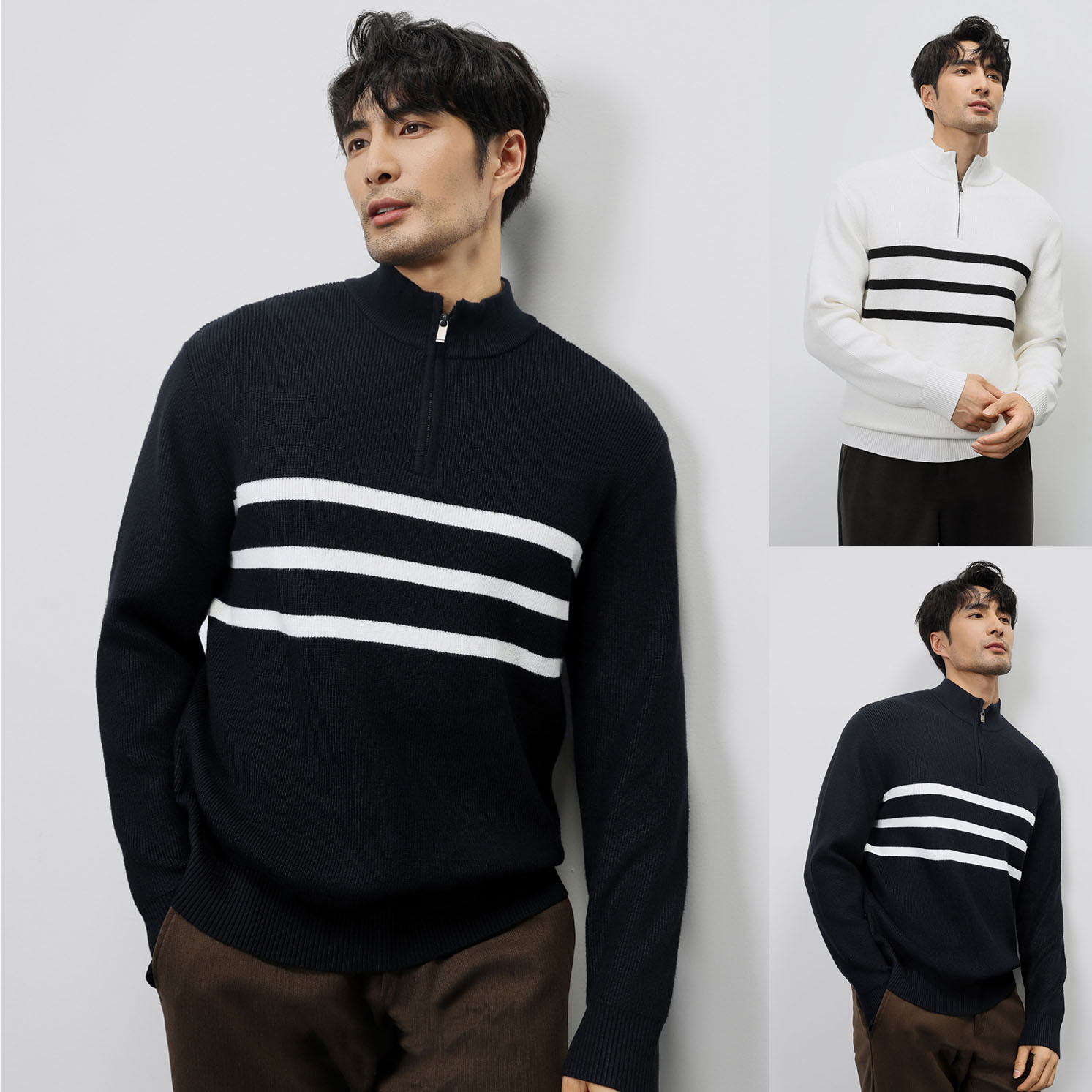 Men’s Semi-Zip Knit Sweater | Striped Business Casual Pullover With Breathable Fabric (Black/White, M-XXXL)_voghion.com