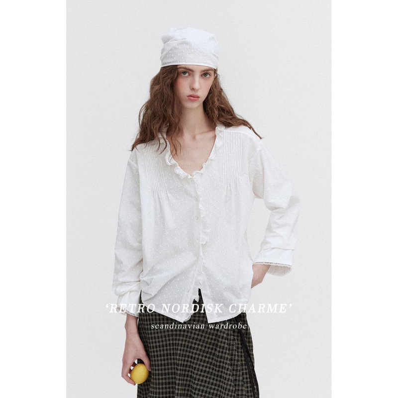 Letm Wild Strawberry' Romantic Ruffled Embroidered Lace Deep V-Neck Gentle 100% Cotton Shirt for Women