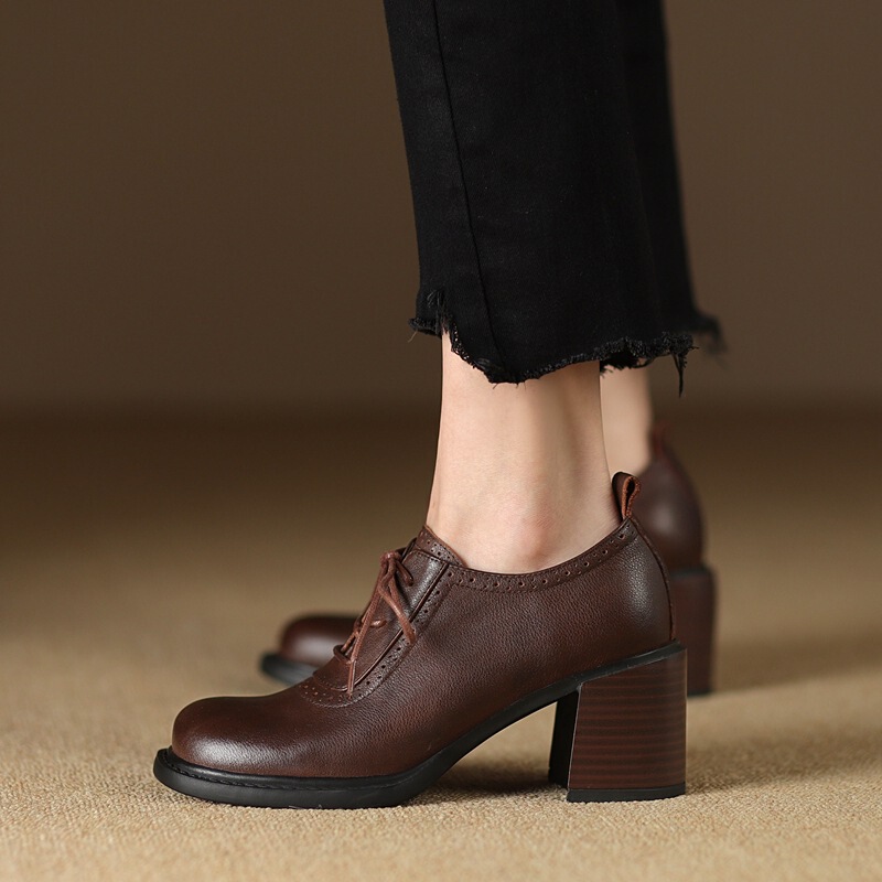 British Style Retro Brown Lace-Up Deep-Cut Single Shoes with Chunky Heels, Fashionable Square-Toe Loafers for Women, Spring 2025