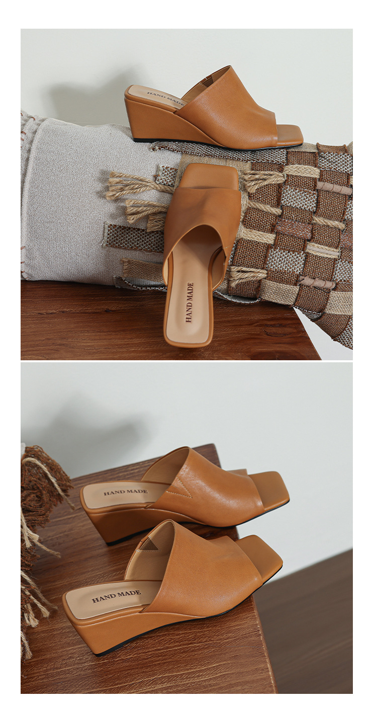 Sandal cao gót nữ hở mũi da bò mũi vuông quai ngang đế xuồng — màu đen, Màu caramel chi tiết 13
