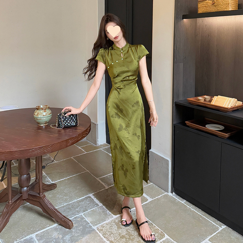 In-Stock Real Shot Qingguang New Chinese-Style Satin Butterfly Dress for Women, Summer Petite Butterfly Modified Cheongsam Long Dress