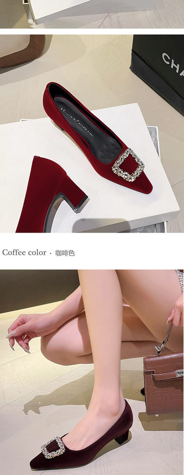 Giày cao gót nữ mũi vuông gót dày đính đá khóa vuông chất liệu cashmere — màu đỏ, nâu chi tiết 8