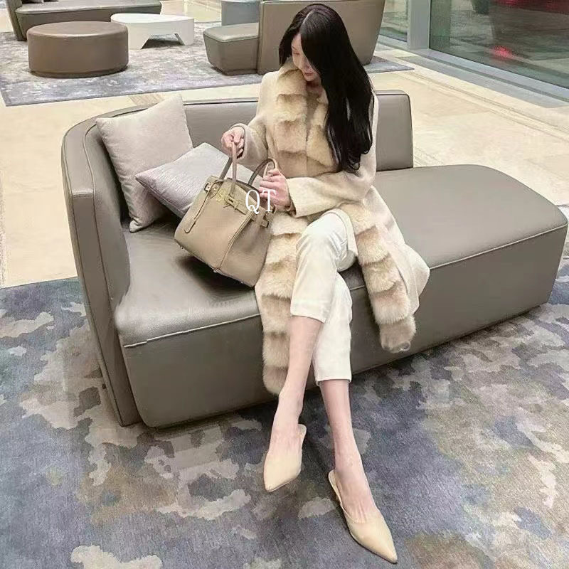 2025冬季新款气质高级狐狸毛领羊毛外套女中长款羊驼绒双面呢大衣