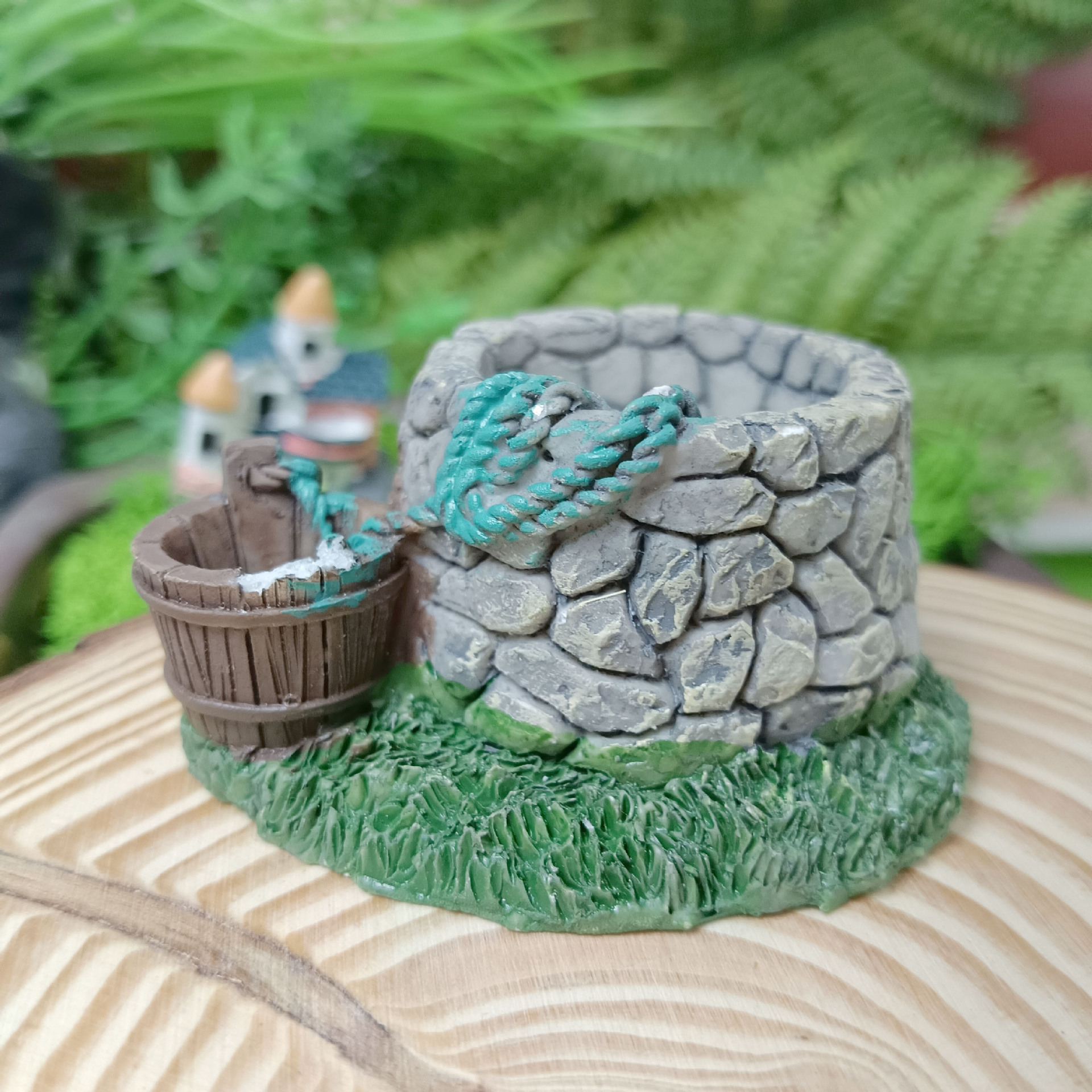 Maceta de carne, musgo, decoración de micro paisaje, decoración de peceras, decoración de paisaje, pozo antiguo, mesa de arena, edificio, cinturón antiguo, pozo de cubo