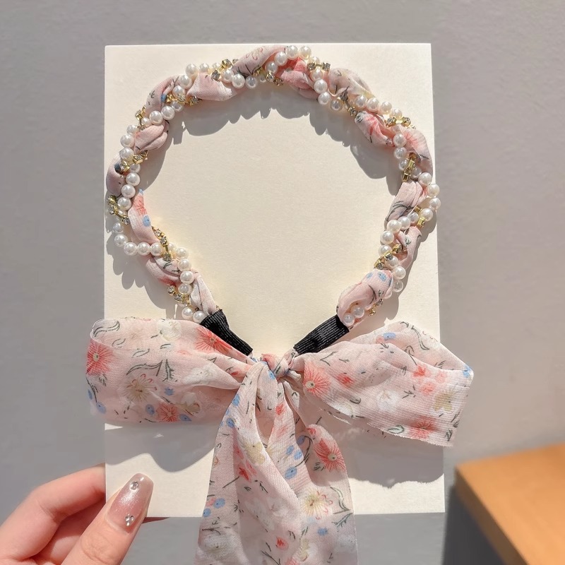 Verano flores trenzadas correa de cabello para mujeres atadas bufandas flotantes correa de cabello todo en un sistema de cinta correa de perlas correa de cabello