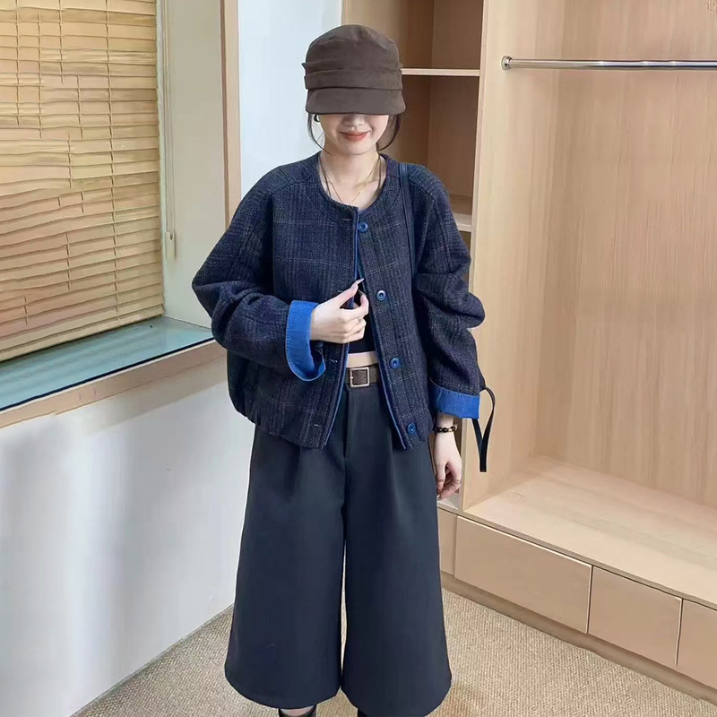 圆领格子拼接复古毛呢外套女短款2025秋冬新款时尚洋气减龄夹克女|undefined