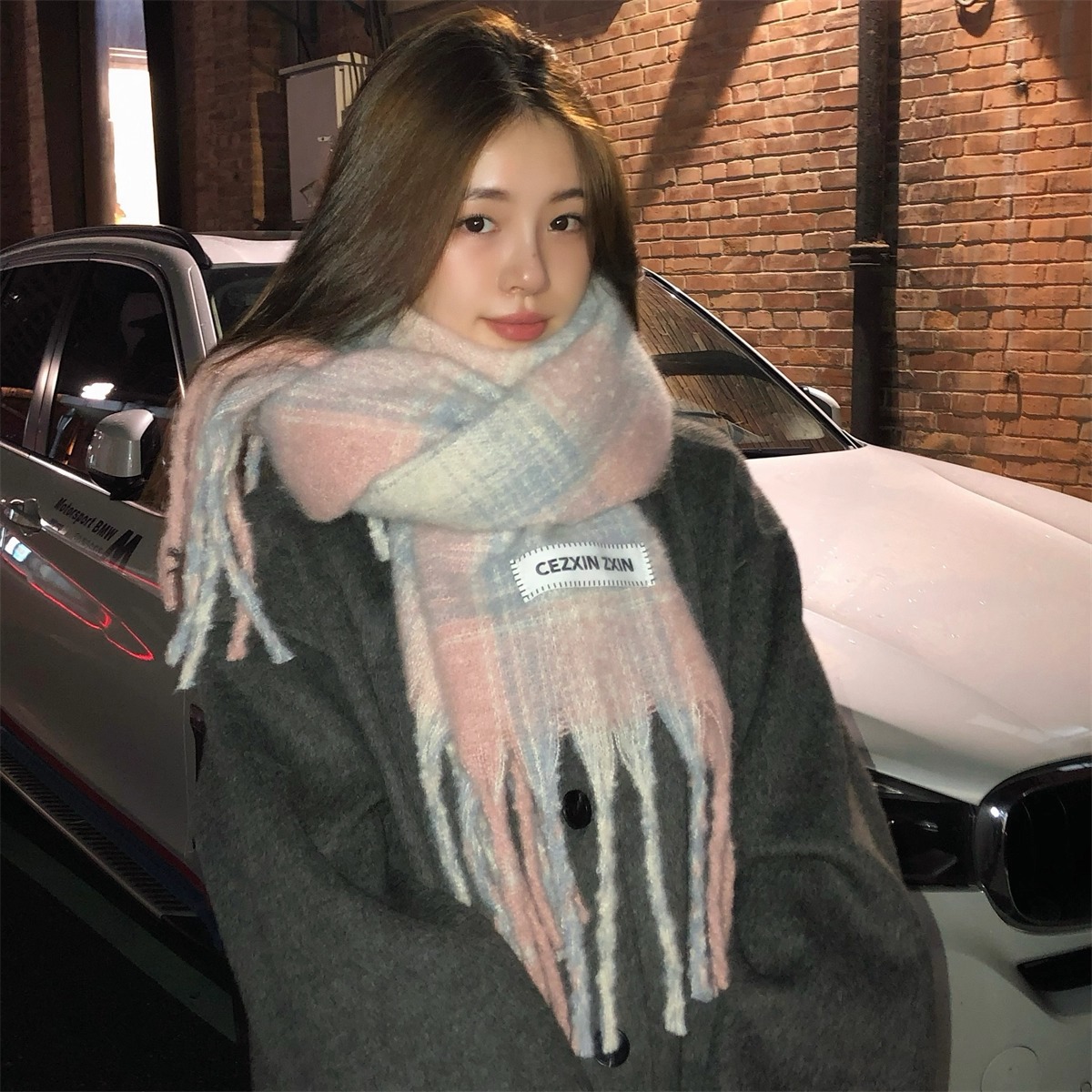 Bufanda a cuadros gris y rosa suave de Waxy Jiji para mujer, otoño e invierno 2025, cálida bufanda de cachemira sintética para estudiantes, chal de doble propósito._voghion.com