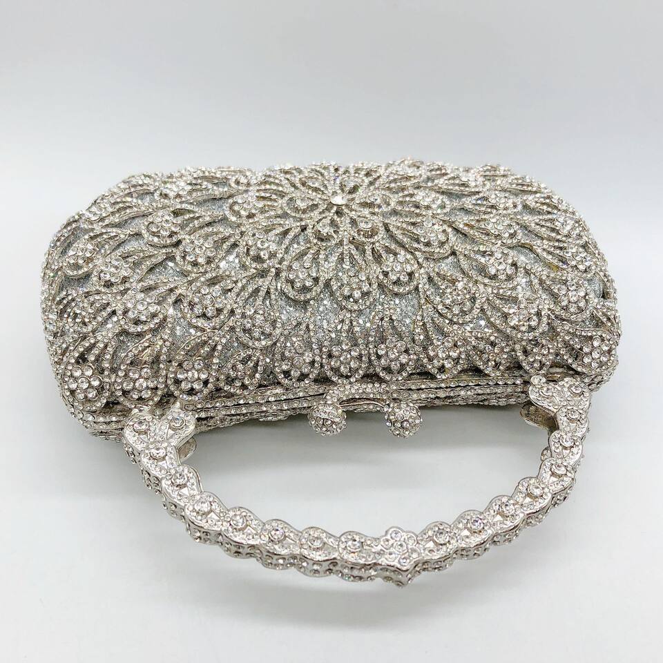 Túi clutch nữ đính kim cương hoa đuôi phượng xách tay dạ tiệc — Nền vàng kim cương trắng, Màu bạc, Cá tính đặt làm chi tiết 8