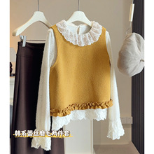 法式少女风花边领蕾丝打底衫+毛呢马甲两件套女秋冬新款叠穿套装