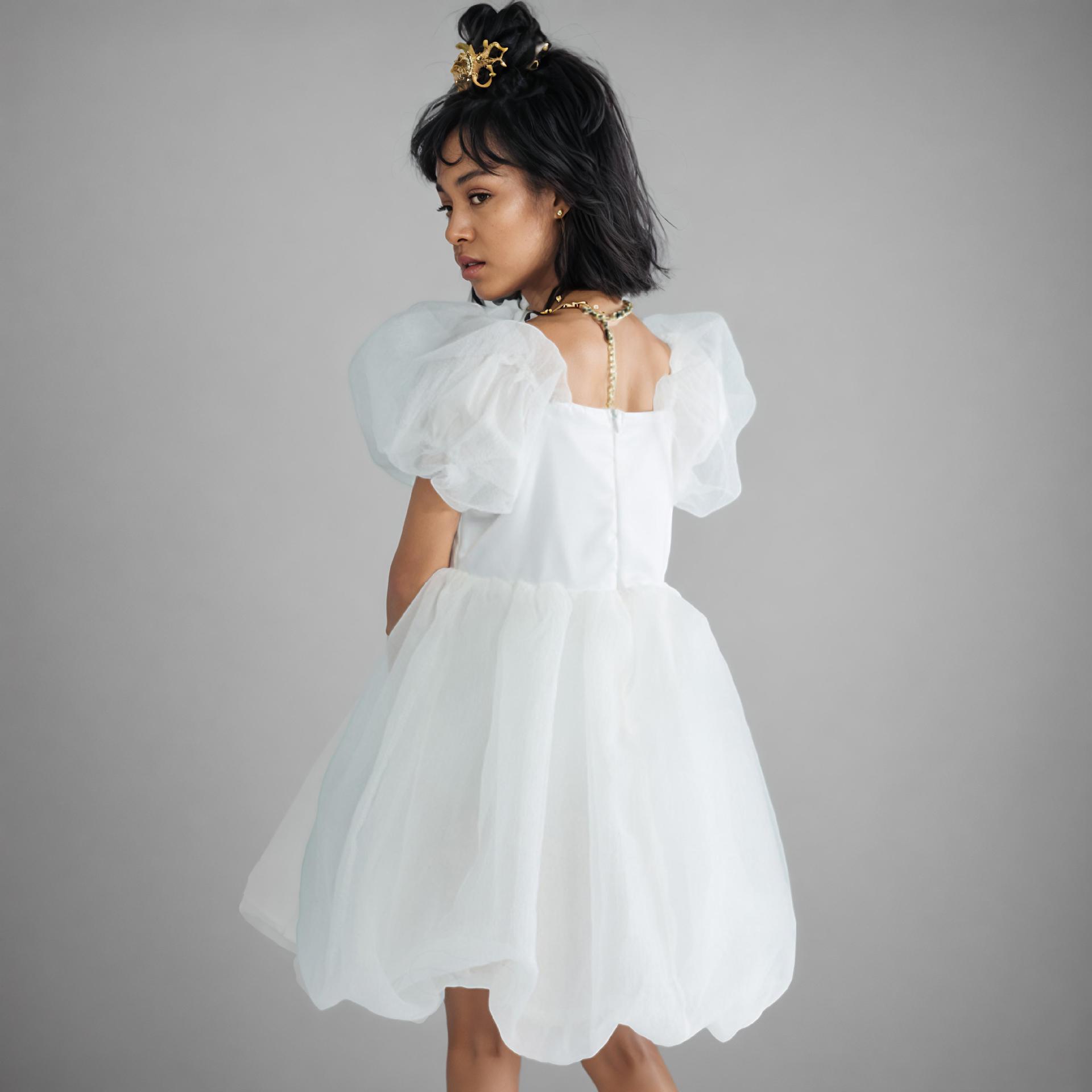 Girls Dress Korean Style Summer 2023 White Puff Sleeve Princess Dress Popular Fashion Children's Wear Big Children's Dress