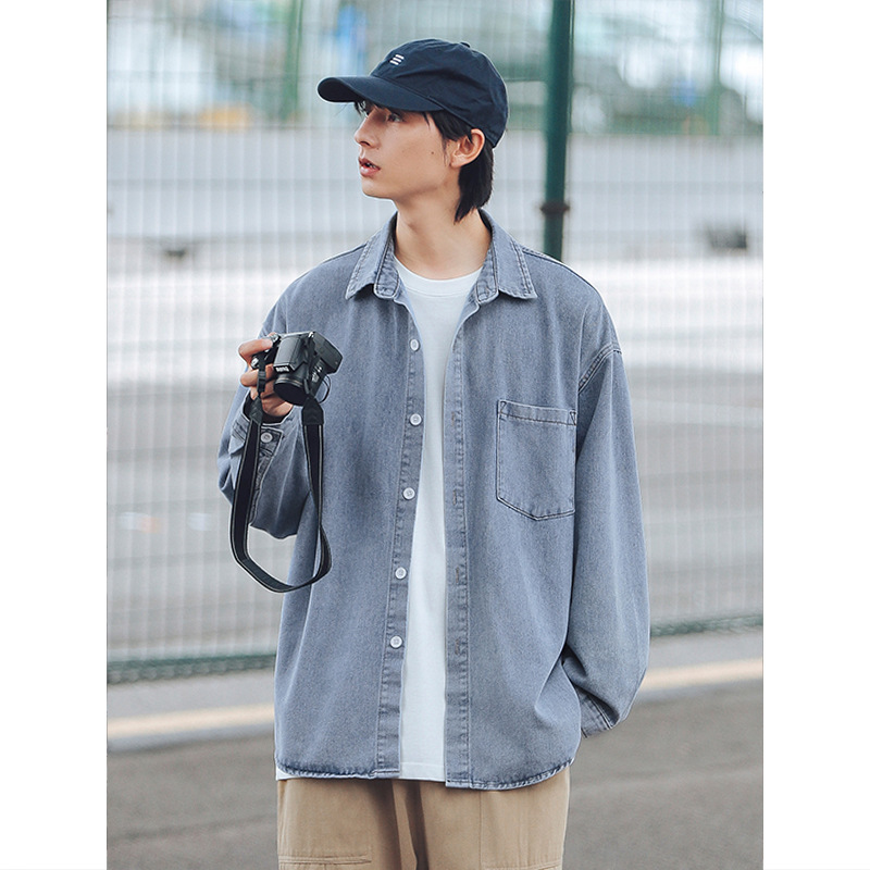 Han Lu New Hong Kong Style Men's Washed Denim Shirt Men's Spring 2024 New Long Sleeve Loose Easiest for Match Shirt Jacket