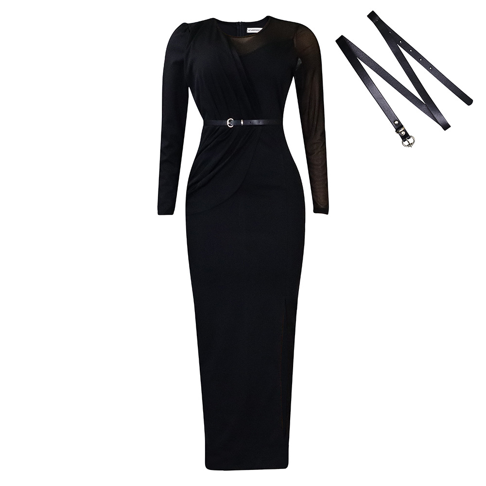 Damen Abendkleid Mit Langarm Und Mesh-einsatz Elegantes Festkleid_voghion.com