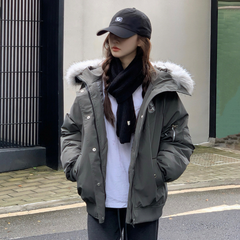 Large Fur Collar Hooded Cotton Jacket for Women, Winter American Retro Thickened Workwear Parka Cotton Jacket, Short Korean Style Couple's Coat