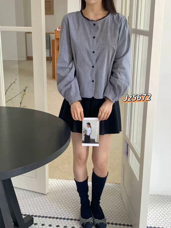 条纹长袖衬衫 日系森女系花边圆领单排扣气质显瘦洋气小衫女|undefined