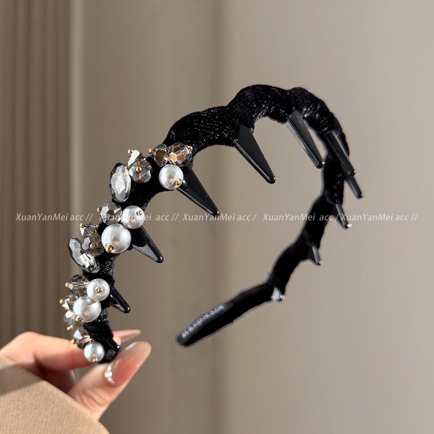 Black velvet bead and rhinestone headband