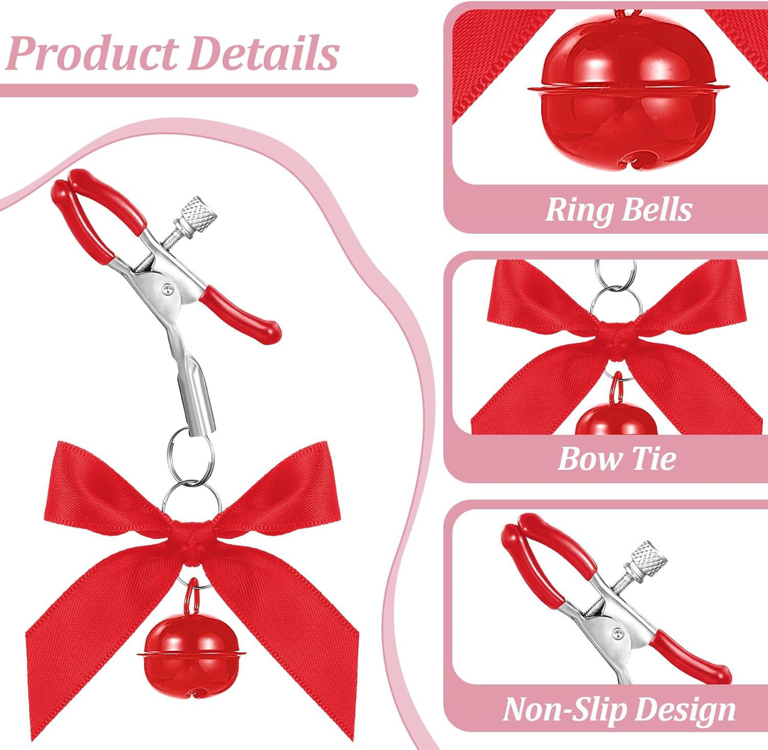 SM Nipple Clamps with Double Bells, Metal Breast Ornament Pair, Black Couple’s Intimate Play Accessory — detail image 9