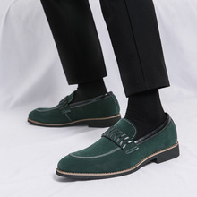 跨境英伦风复古乐福鞋男套脚休闲绒面尖头皮鞋潮流一脚蹬大码男鞋