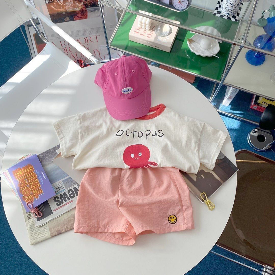 INS Corea del Sur nuevos niños de algodón suave color glutinoso suave juego de manga corta Camiseta de los niños de verano de dibujos animados pulpo