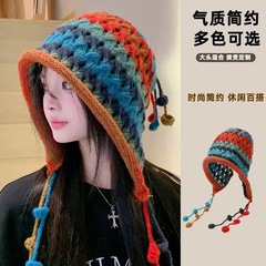 毛线帽子女秋冬季护耳套头多巴胺彩虹手工钩针彩色球针织帽显脸小