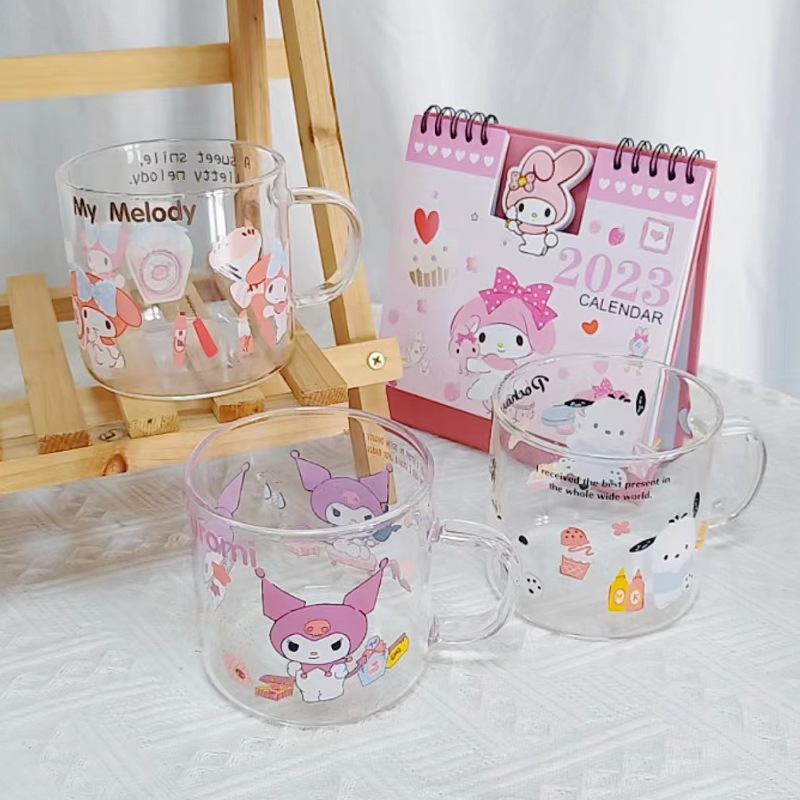 Japanese style cute girl heart glass milk cup microwave oven can heat cartoon print oatmeal yogurt breakfast cup 
