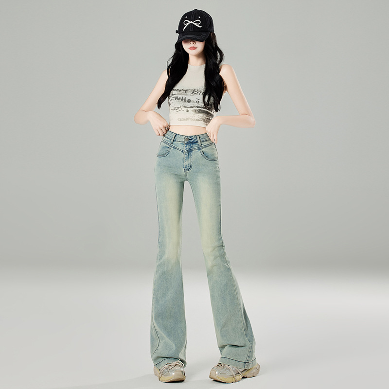 라이트 블루 WEILAR JEANS 여자 2024 년 여름 얇은 작은 높은 허리 올매치 슬림 핏 말굽 플래 팬츠