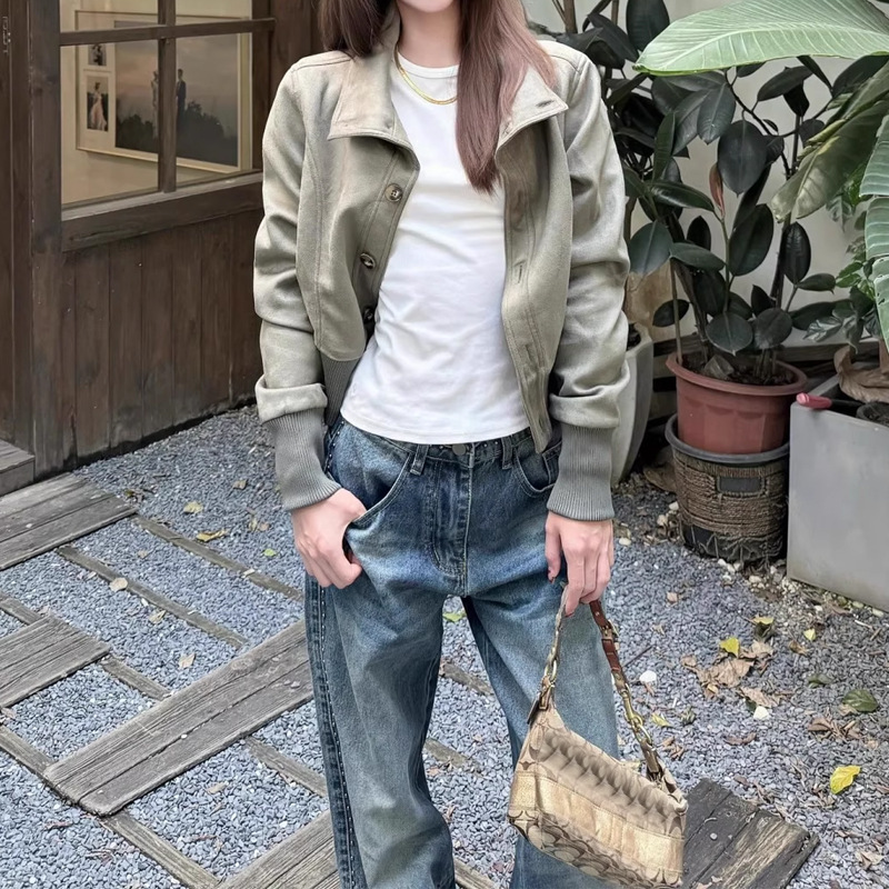 锦倩自制短款立领麂皮质感夹克女秋新品收腰显瘦设计感外套复古风|undefined