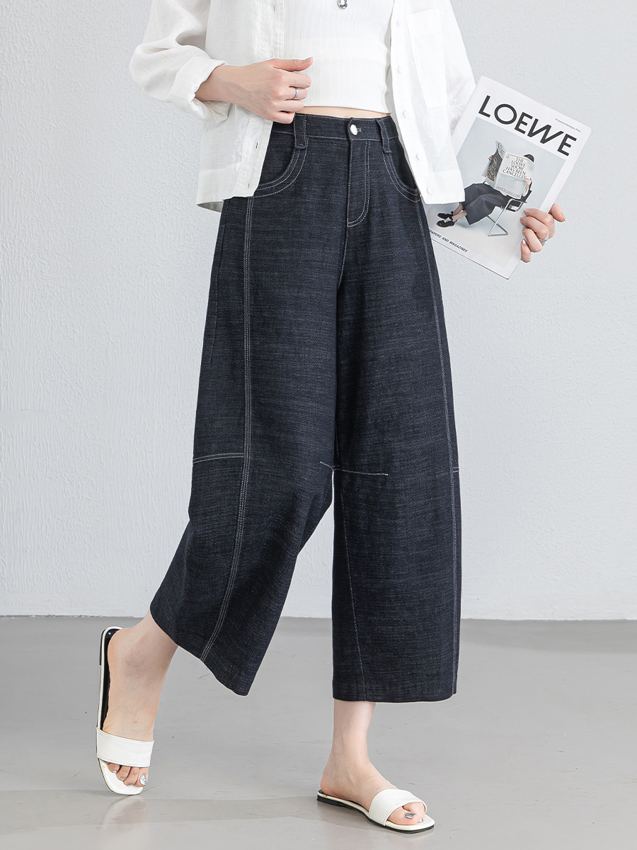 Quần jean nữ ống rộng eo cao vải linen mát mẻ phong cách cổ điển — xanh lam