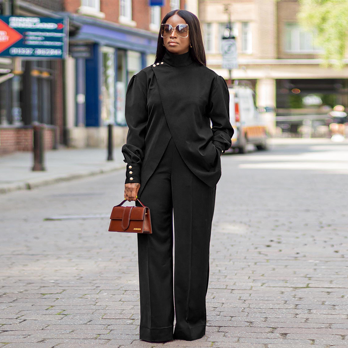 Women's Turtleneck Pant Set Two Piece Long Sleeve Split Outfit_voghion.com