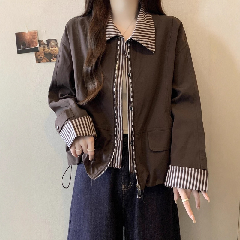 Designed Short Jacket Cardigan Jacket for Women 2025 Autumn New Large Size Fat mm Fake Two-Piece Stripesd Patchwork Top
