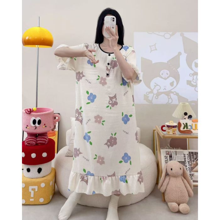 Camisón transfronterizo verano nuevo estilo femenino falda larga de manga corta dulce y linda nube de algodón estilo simple pijama de cuello redondo se puede usar afuera