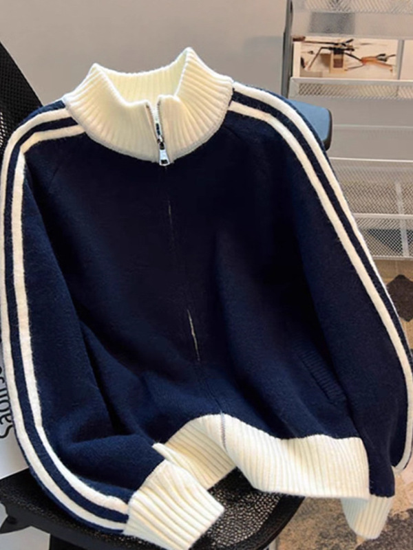 自留款推荐撞色条纹棒球服外套女春秋新款拼接拉链小个子针织毛衣|undefined