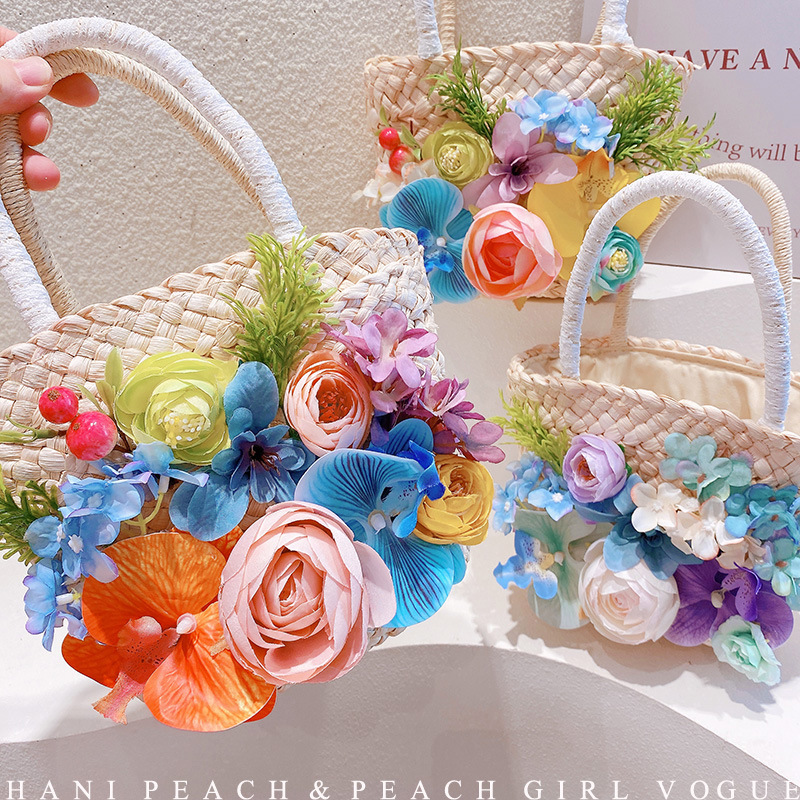 HD6250A15秘密花园！蝴蝶兰花朵编织菜篮子手提包海边度假沙滩包