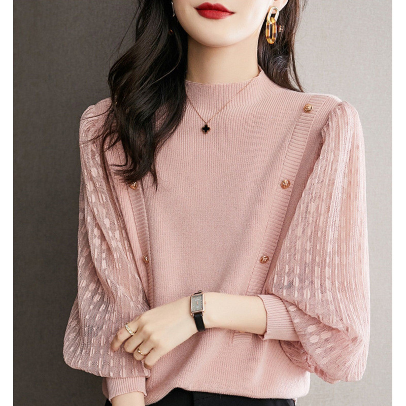 2025 otoño camiseta de punto de viento fragrante primavera y otoño suéter de fondo de cuello medio alto camiseta de manga corta de linterna