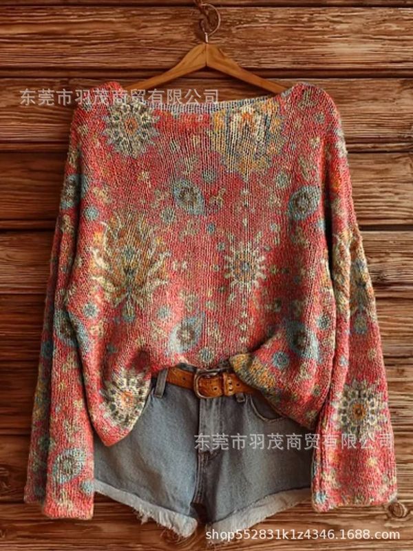 独立站新款高领卫衣仿毛衣 秋冬季碎花圆领宽松毛衣2|undefined