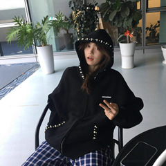 美式复古设计感珍珠字母刺绣卫衣女秋季宽松休闲运动开衫连帽外套